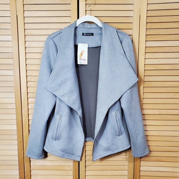 Pretty Garden Gray Faux Suede Open Front Jacket M - Picture 6 of 10